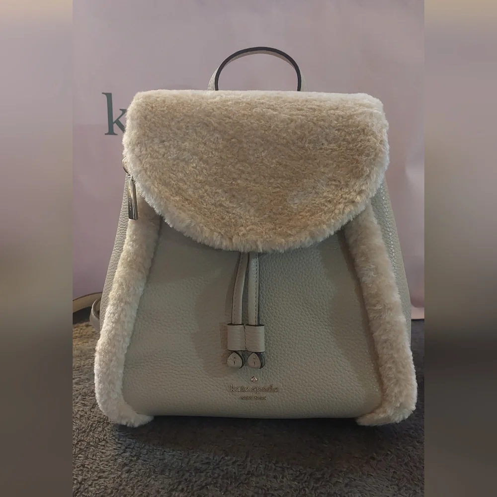 Kate Spade Leila Leather Medium Flap Backpack Faux Shearling in Light Sand